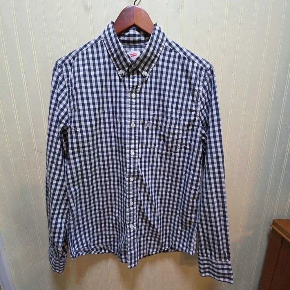 Levi's Shirt Mens Medium Blue Check Long‎ Sleeve Button-Down Cotton Casual